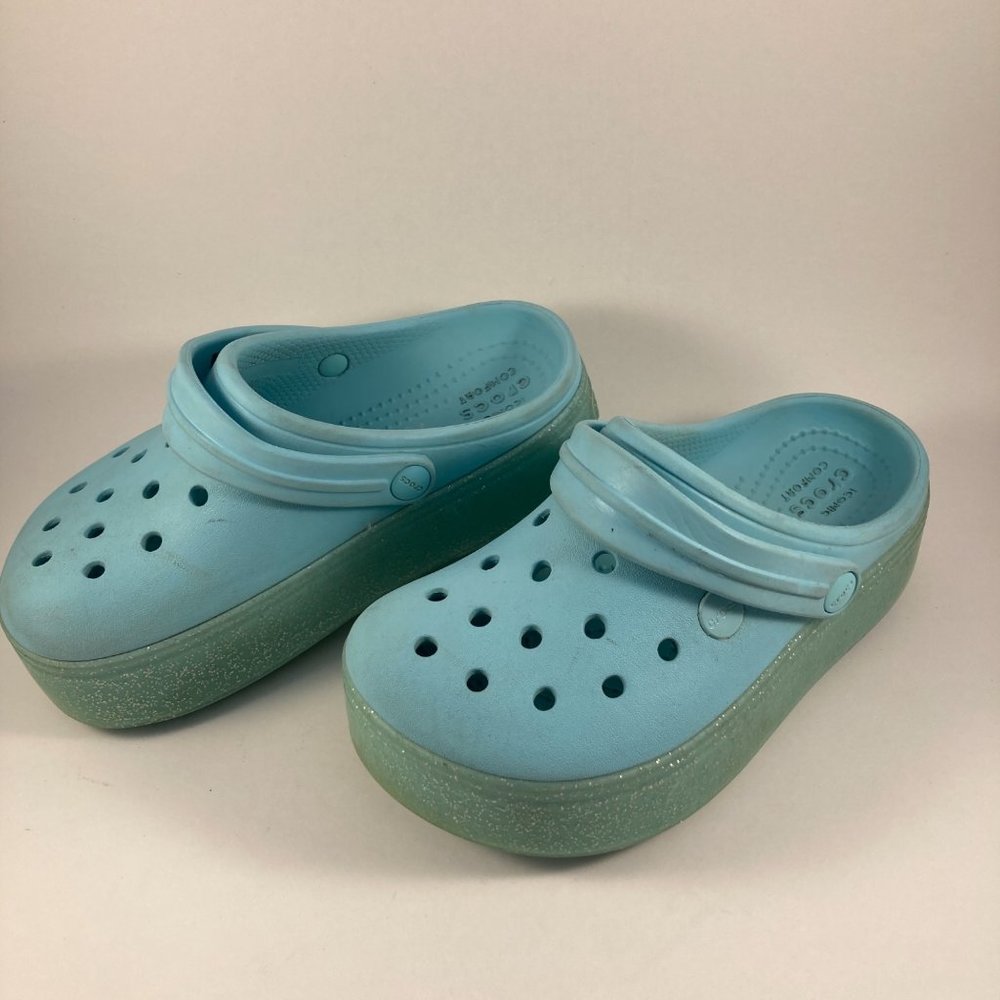 Blue sparkly platform crocs juniors 1